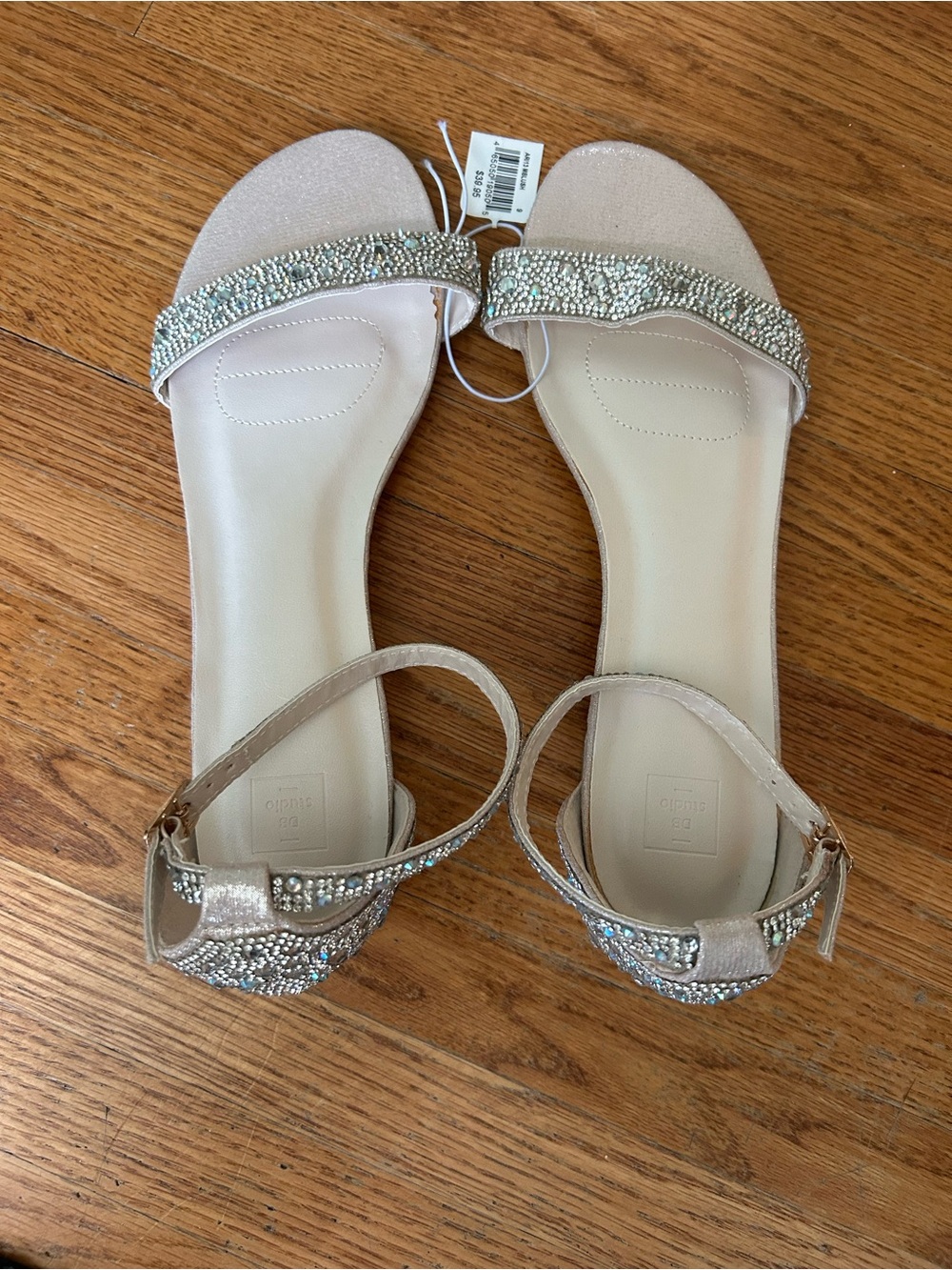 Embellished Beige Ankle-Strap Small Heels